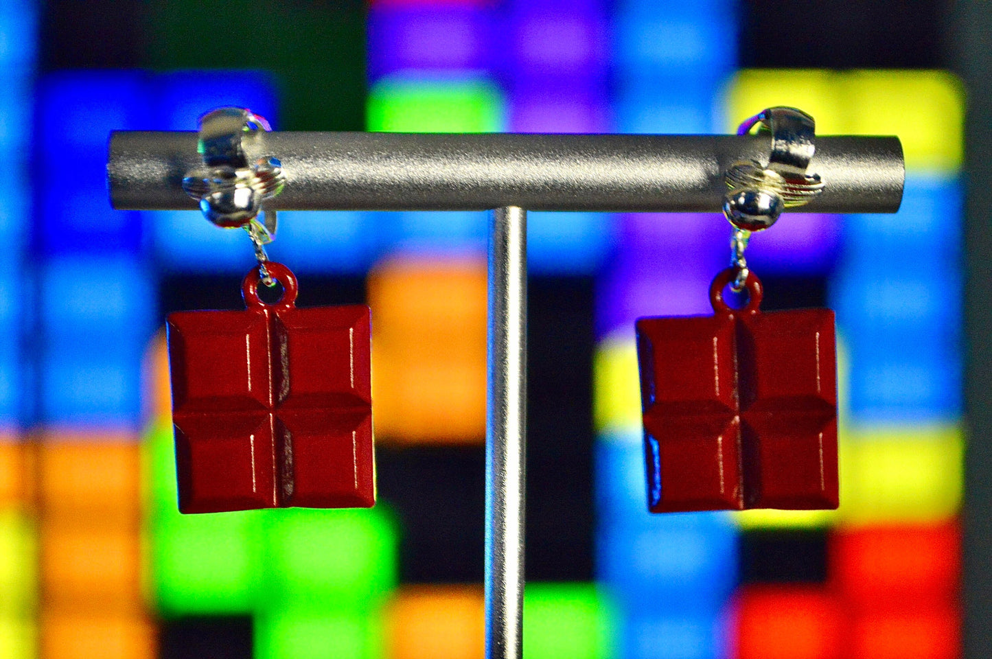 Geometric Gaming Blocks Clip On Earrings