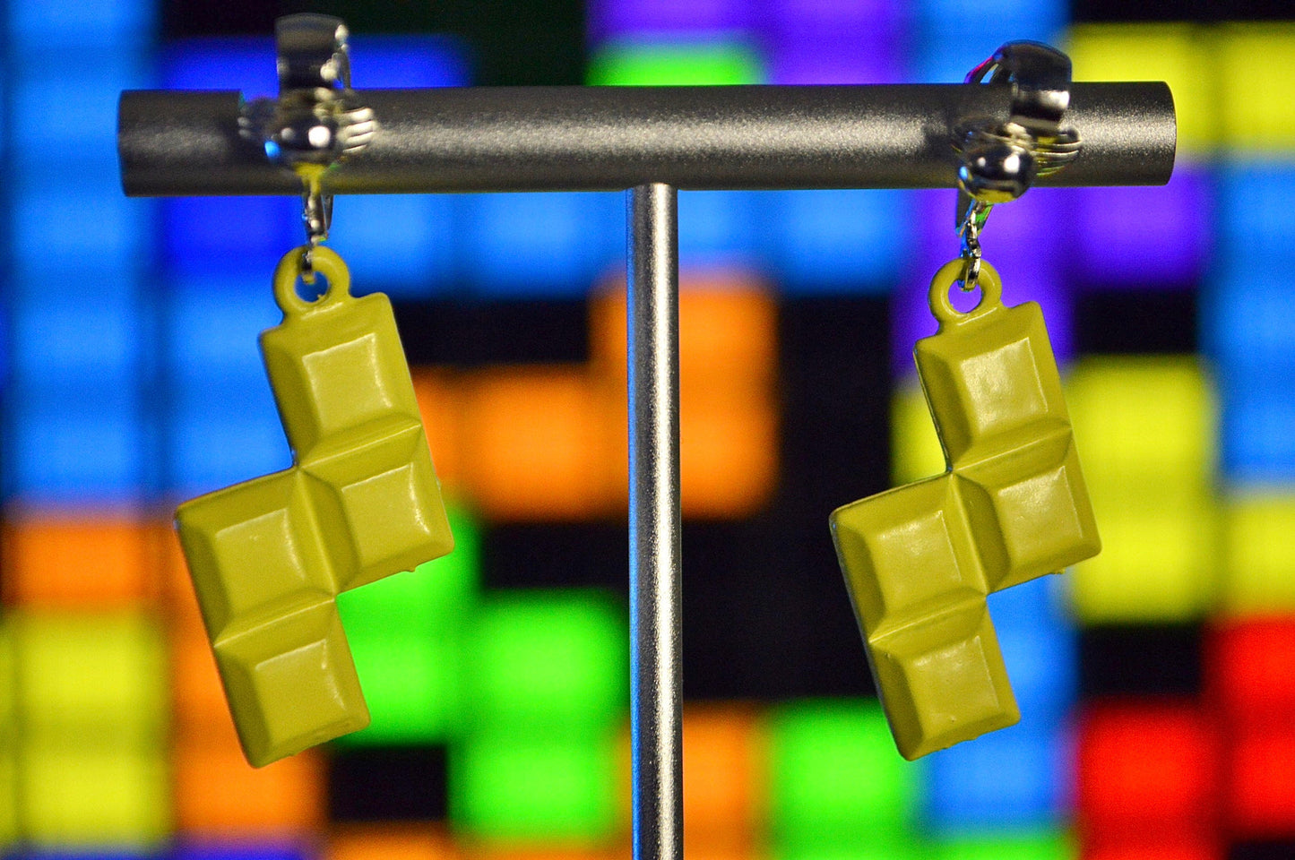 Geometric Gaming Blocks Clip On Earrings