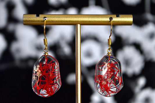 Red Clear Resin Flower Clip On Earrings