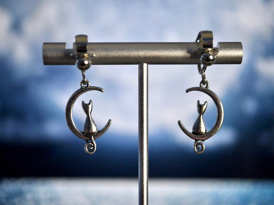 Cat and Moon Clip On Earrings