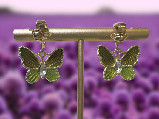 Butterfly Green Gem Clip On Earrings