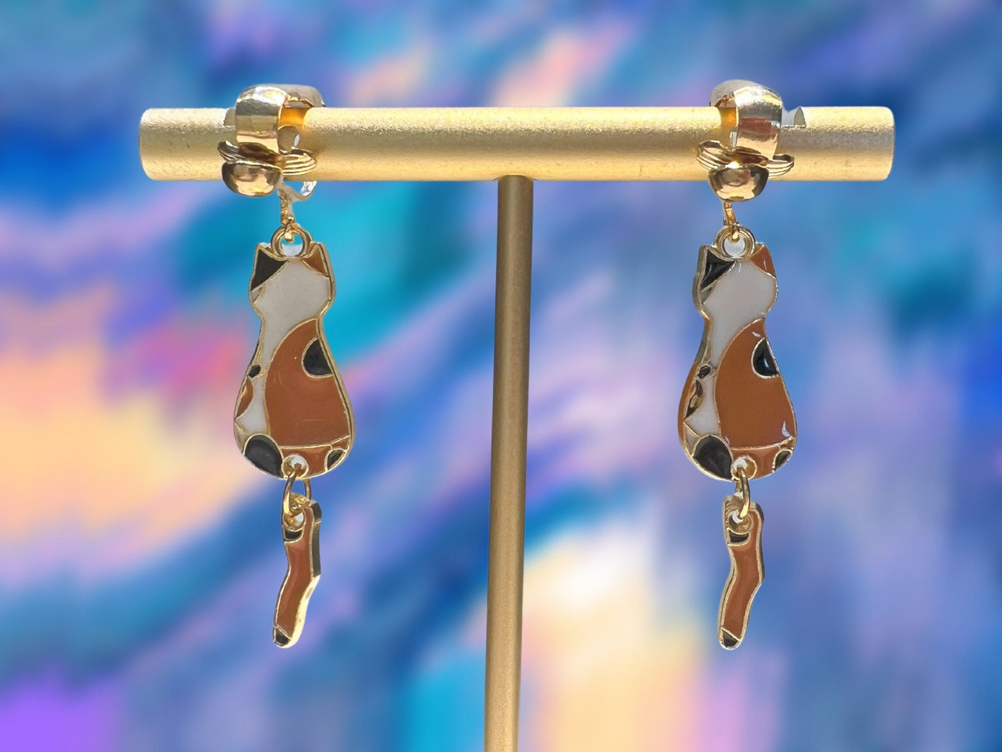 Cat Dangle Clip On Earrings