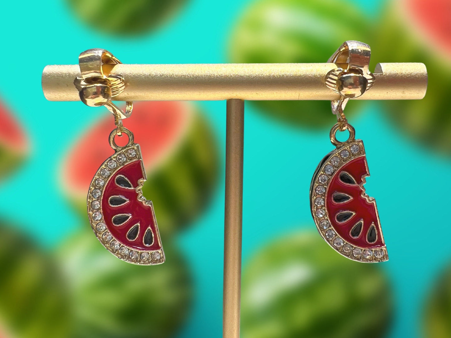 Watermelon Slices Jeweled Clip On Earrings