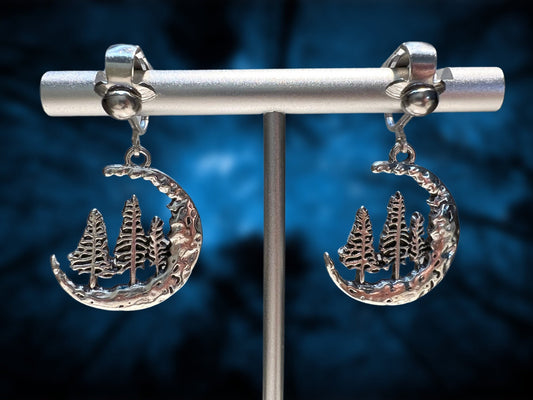 Moon and Trees Clip On Earrings