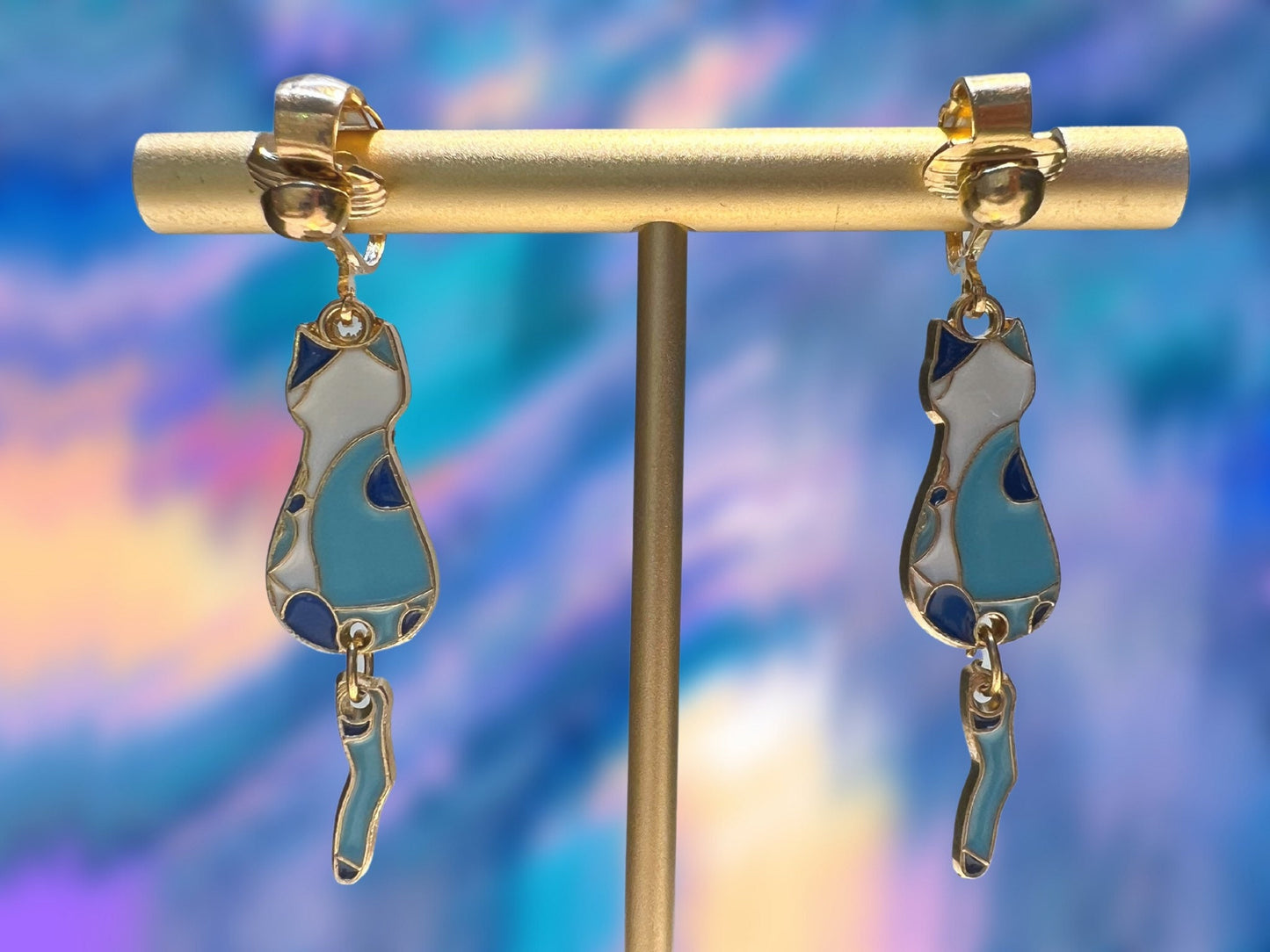 Cat Dangle Clip On Earrings