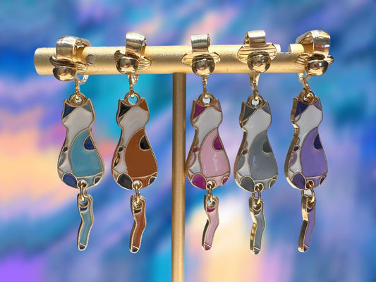 Cat Dangle Clip On Earrings