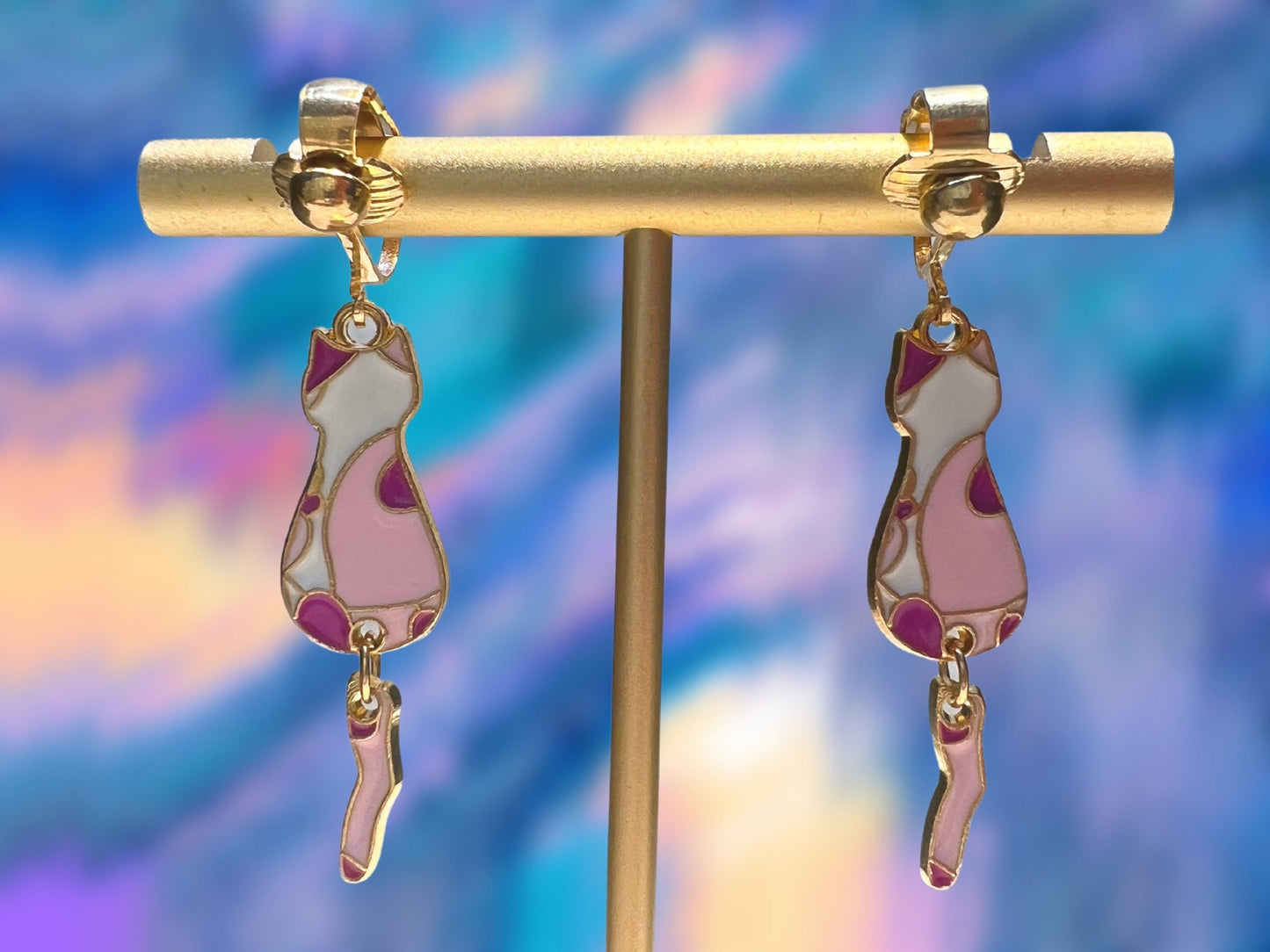Cat Dangle Clip On Earrings