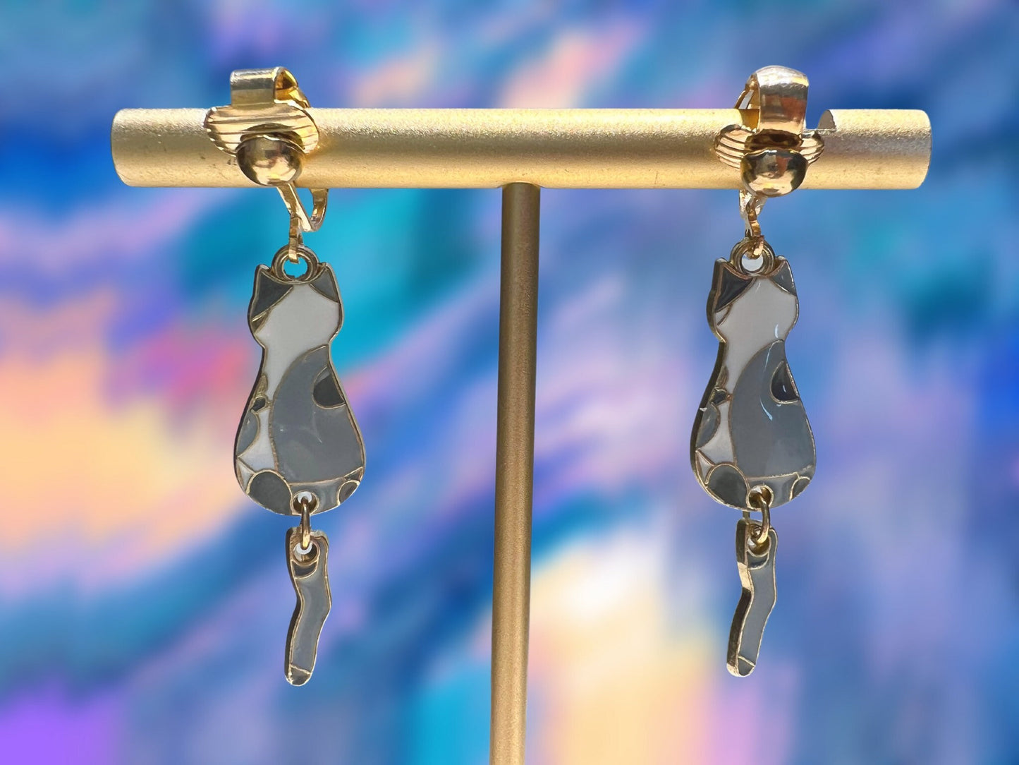 Cat Dangle Clip On Earrings