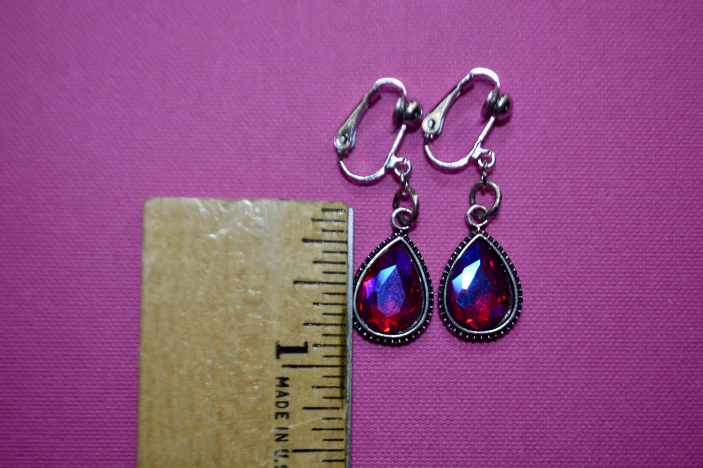 Iridescent Red Clip On Earrings