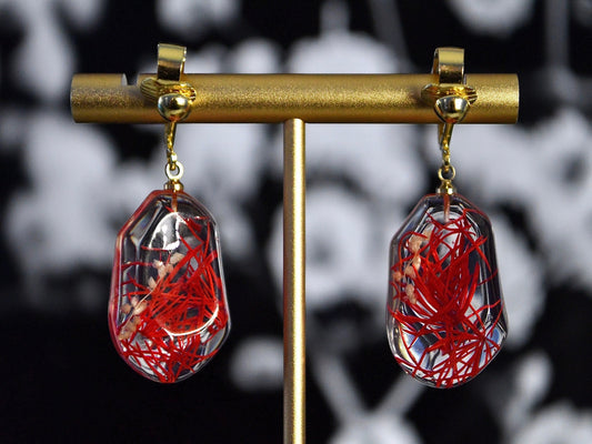 Red Clear Resin Flower Clip On Earrings