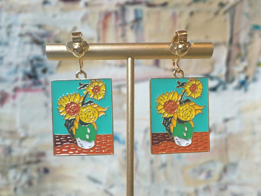 Sunflower Art Clip On Earrings