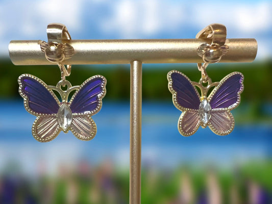 Butterfly Purple Gem Clip On Earrings